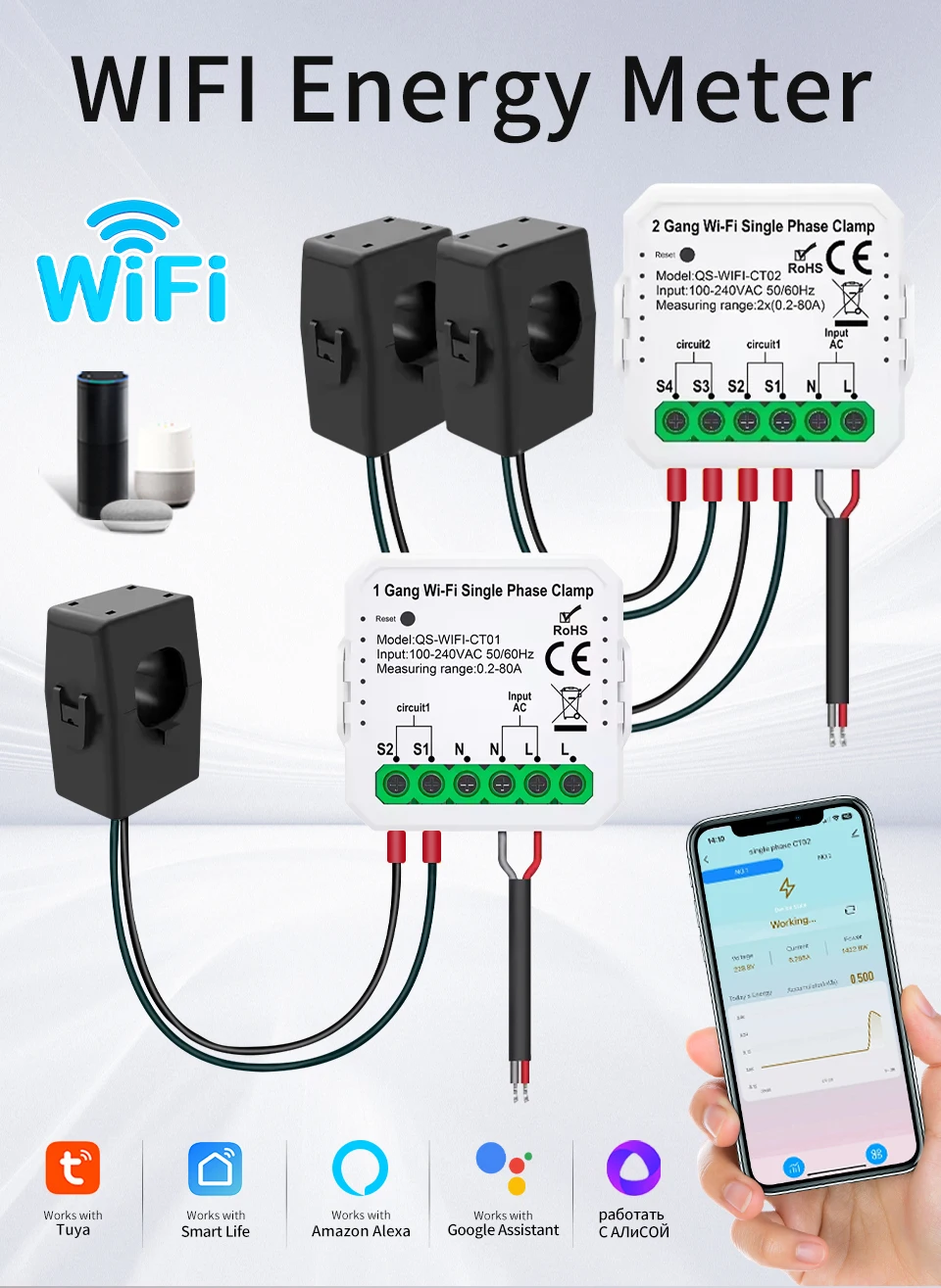 Tuya Smart Wifi Energie Meter 1CH 2CH Strom Transformator Clamp 80A Solar PV System Power Produktion Verbrauch Monitor 100-240V – Detail 1