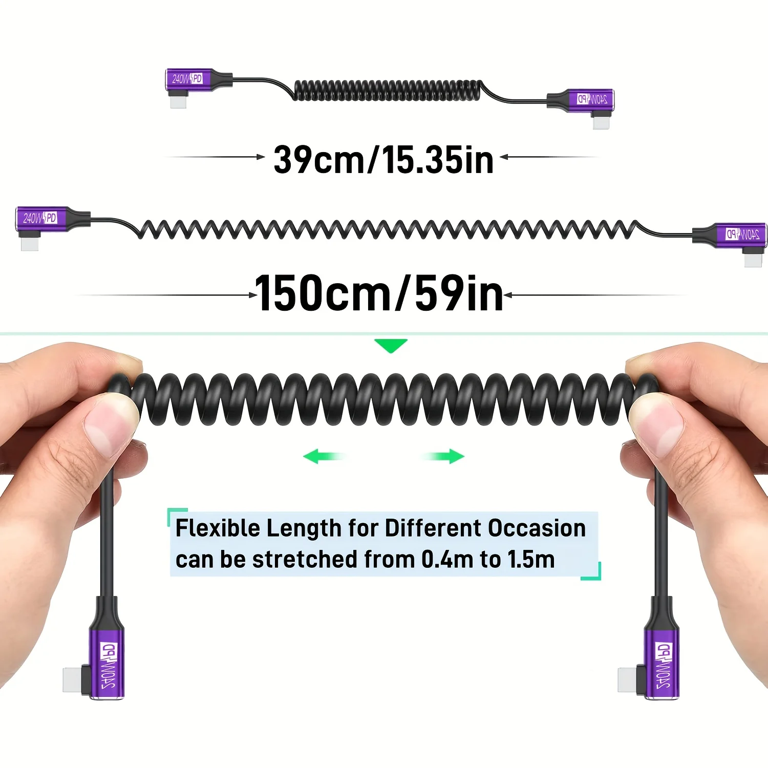 240W PD 코일 스프링 타입-C 케이블 90도 엘보 접이식 고속 충전 케이블 (차량용, 게임용, 휴대폰, 노트북용)