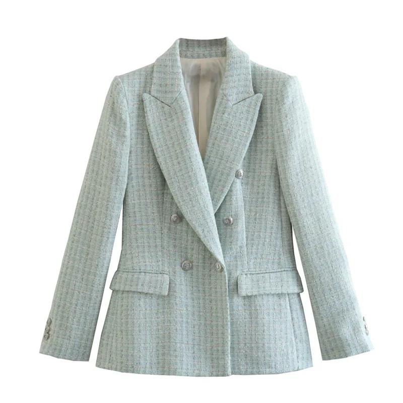 

2023 Fashion Double Breasted Tweed Blazer Coat Women Jacket Autumn Winter Vintage Long Sleeve Female Outerwear Jackets Tops