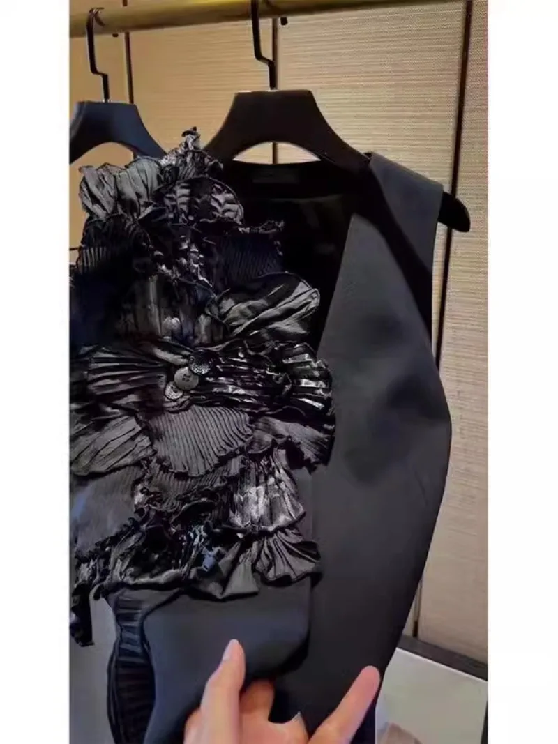Waistcoat Women 3D Floral Vests Jackets Chaleco Mujer Y2k Colete Feminino Black Coat Autumn Loose Chaquetas Tops