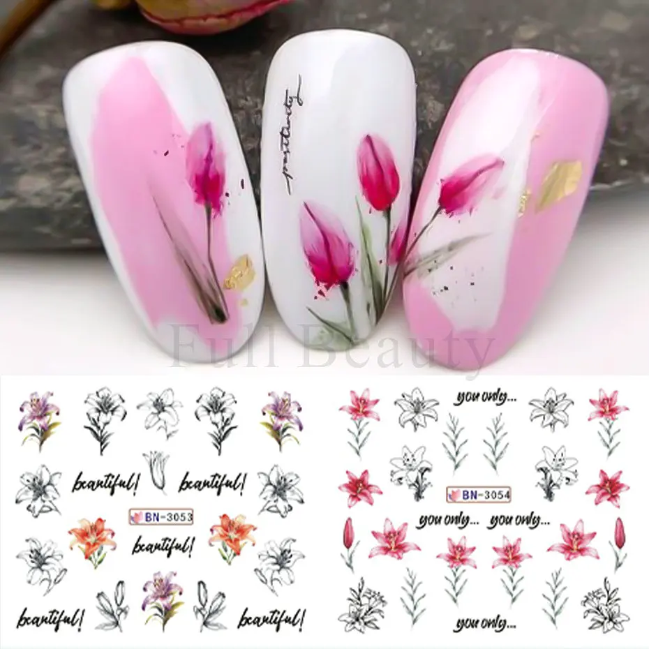 12pcs Lily Floral Water Transfer Decals Stickers Spring Watercolor Flower Green Leaf Nails Art Decoration Summer Manicure Slider