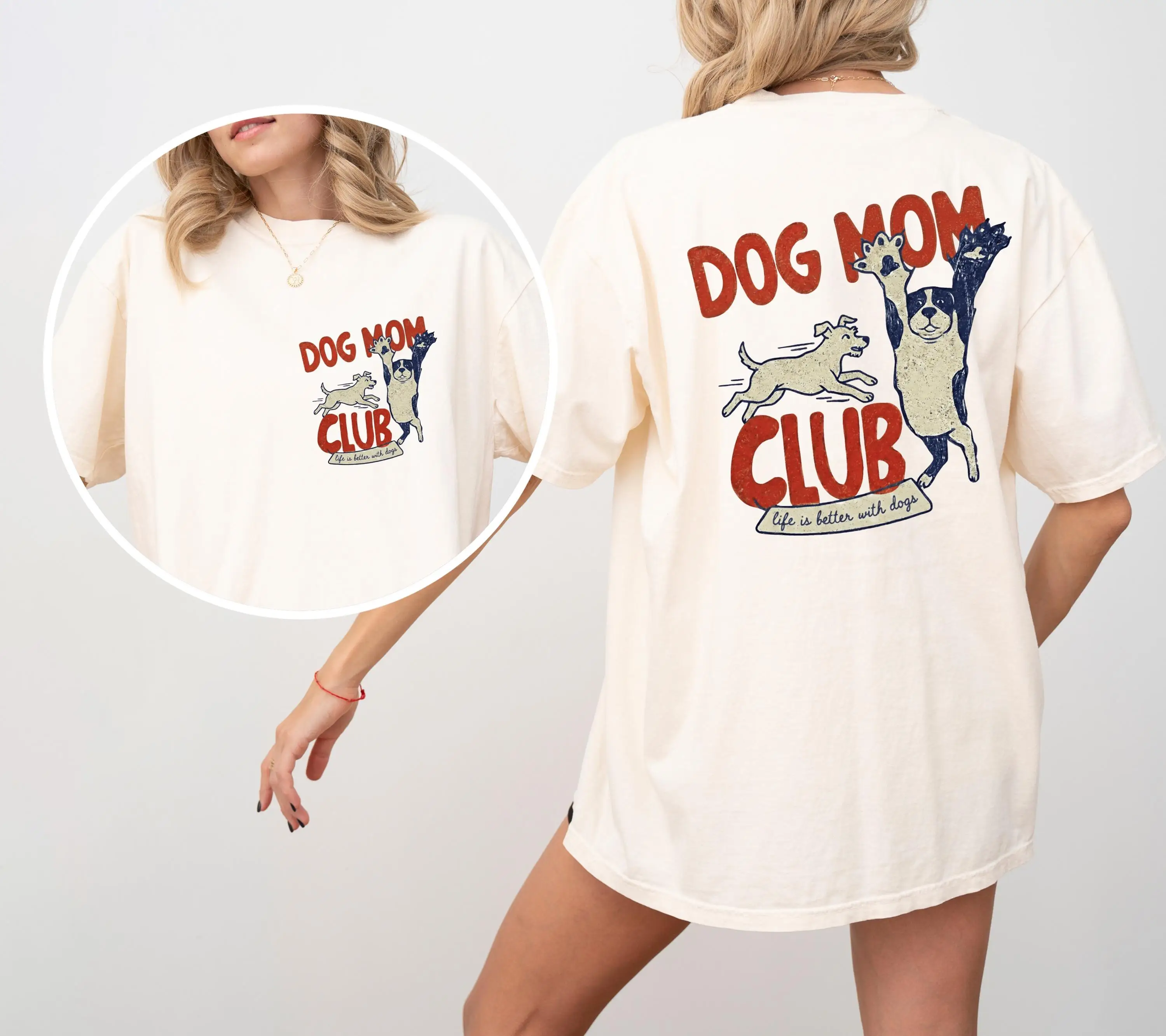 Sommer Damen T-Shirt „Dog Mom Club“ Retro Lustig Baumwolle Atmungsaktiv Kurzarm Streetwear Oversized Locker Lässig