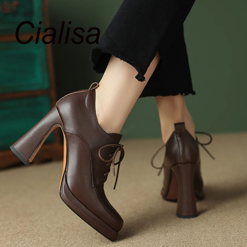 

Cialisa Shoes High Quality Genuine Leather Pumps Women Platform Square Toe Elegant Lady High Heels Vintage Footwear 41 Autumn