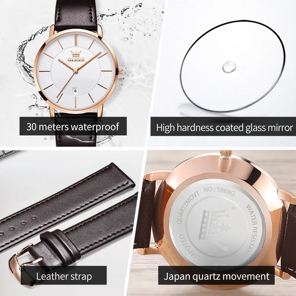 OLEVS Ultra Thin Quartz Watch with Leather Strap - Simple Luxury Men's Wristwatch