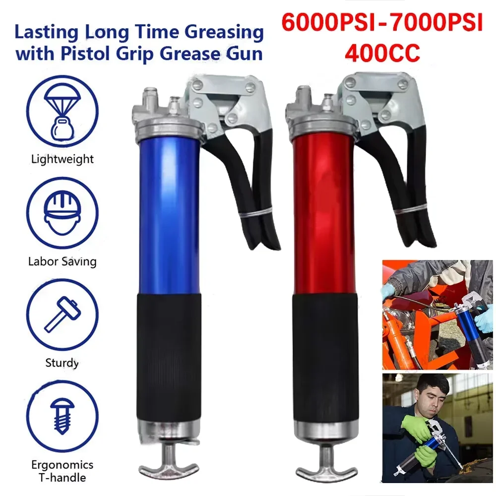 7000PSI Oil Grease Gun Kit Manual Pistol Grip High-pressure Pumping Coupler 400CC Greasing Injection Heavy Duty Maintenance Tool