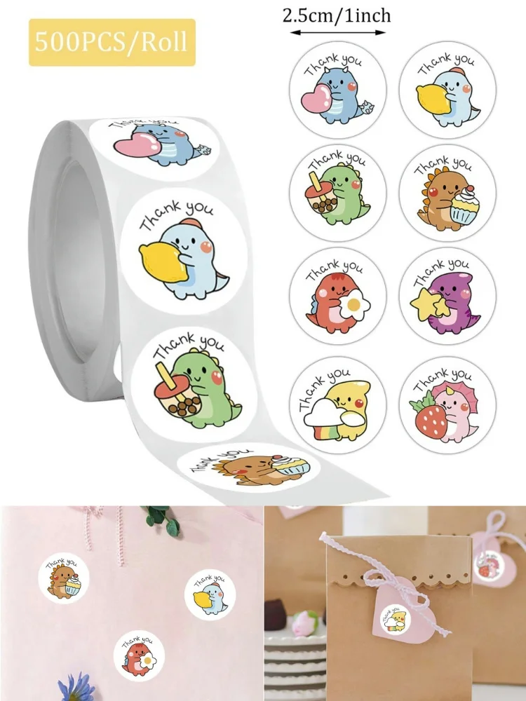 Decorated treat bags with dinosaur thank you labels