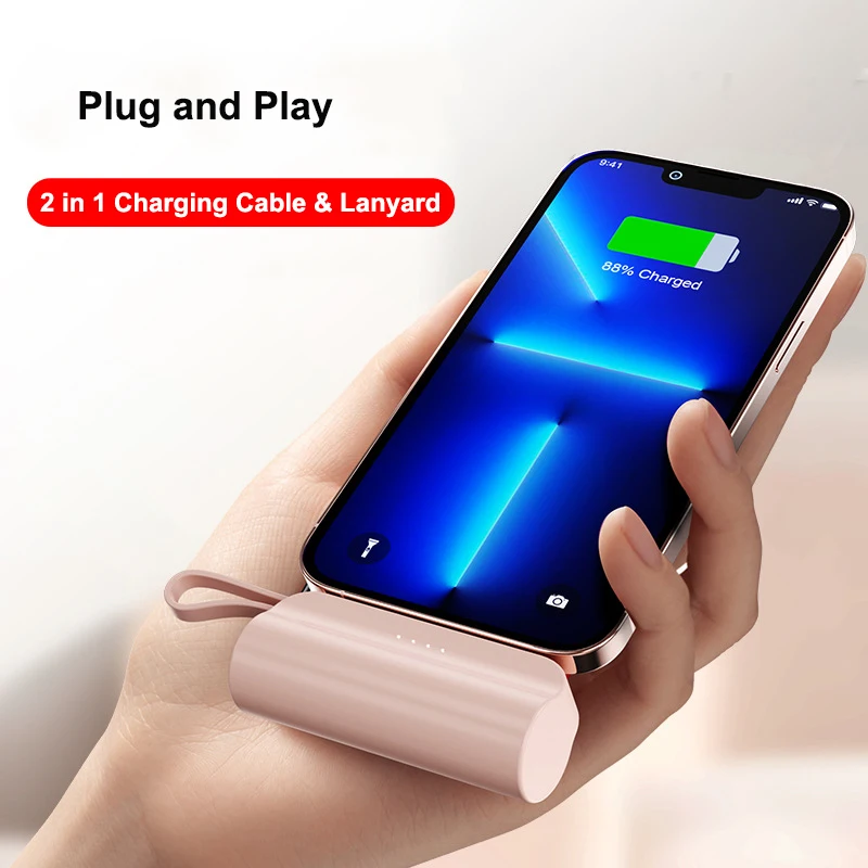 Mini Capsule Power Bank 5000 MAh With Cable Plug For IPhone Type C Powerbank External Battery Charger For Samsung Huawei Xiaomi_voghion.com