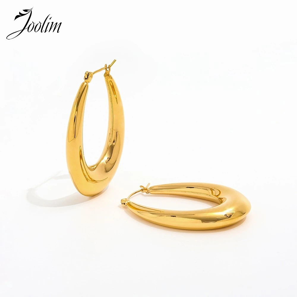 

Joolim Jewelry High Quality PVD Wholesale Waterproof Fashion Chunky Big Hollow Oval Hoop Stainless Steel Earring for Women