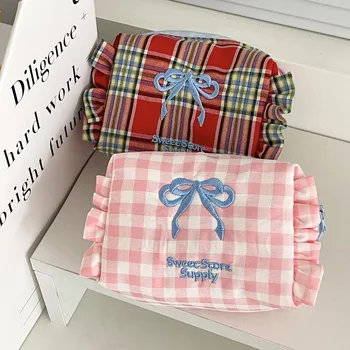 1 pz Borsa Cosmetica con Ricamo a Fiocco e Motivo a Quadri, Pochette Portamonete Portatile, Organizer per Oggetti Piccoli da Viaggio o Uso Quotidiano per Studenti