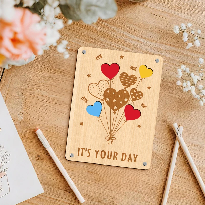 Elegant Wooden Heart Balloon Greeting Card - Perfect for Weddings, Birthdays, and Special Occasions