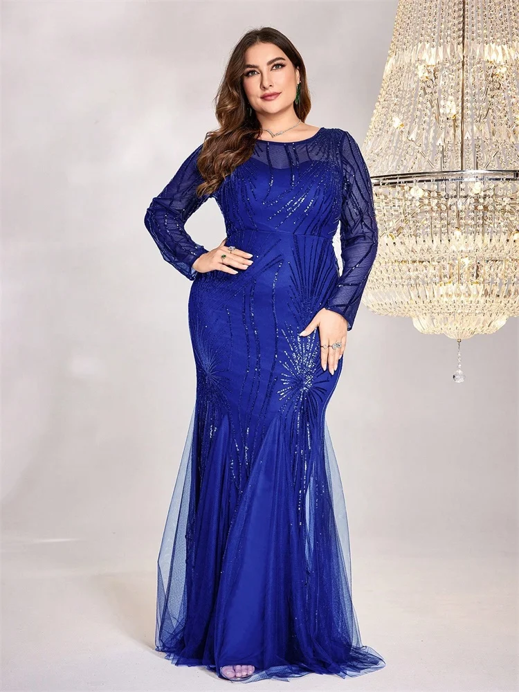 Plus Size Elegant Long Sleeves Sequins Evening Dresses Luxury Women Mermaid Formal Party Maxi Cocktail Gowns