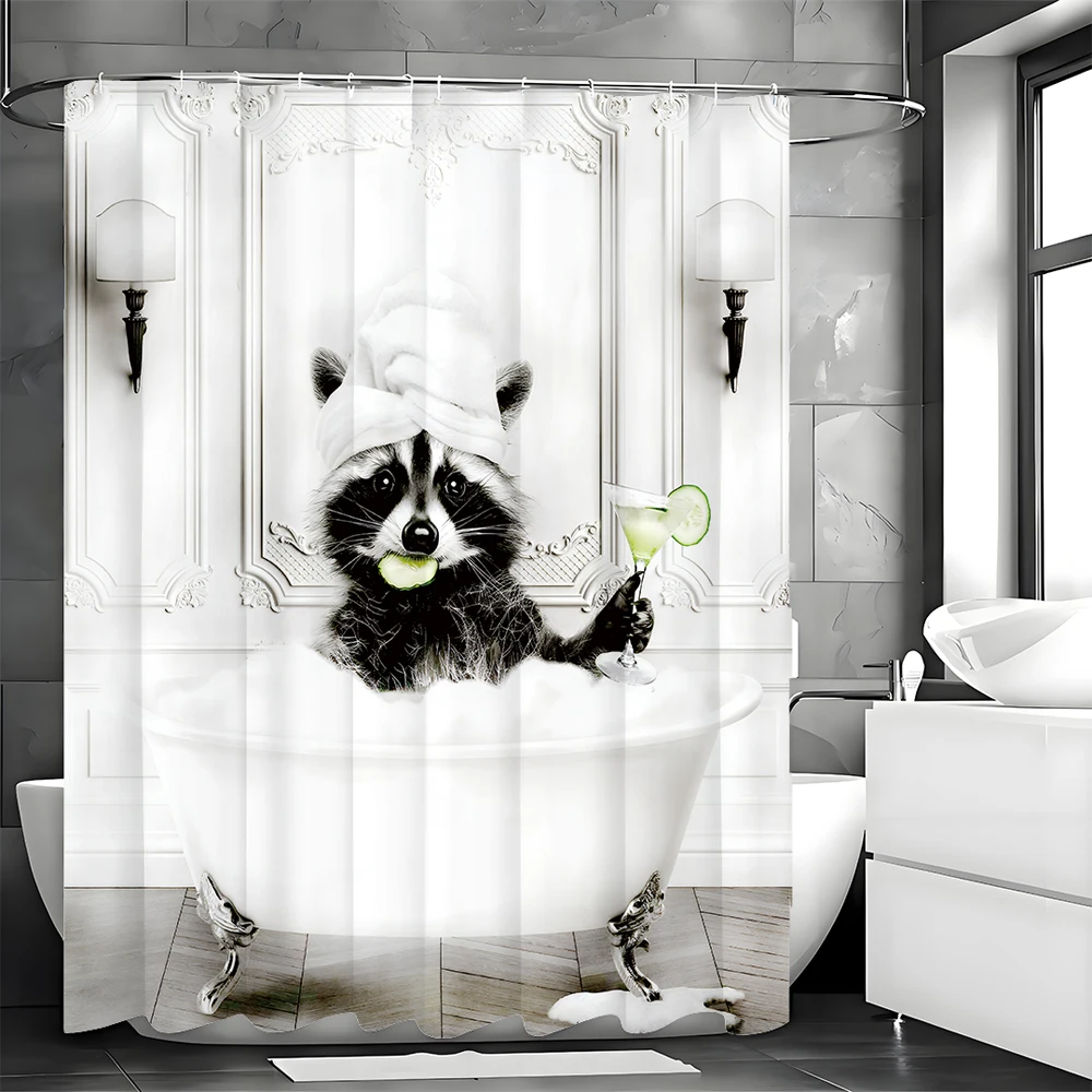 Funny Raccoon In Bathtub Shower Curtain With Cocktail And Towel Hat Humorous Animal Bath Decor Waterproof Fabric Art Print