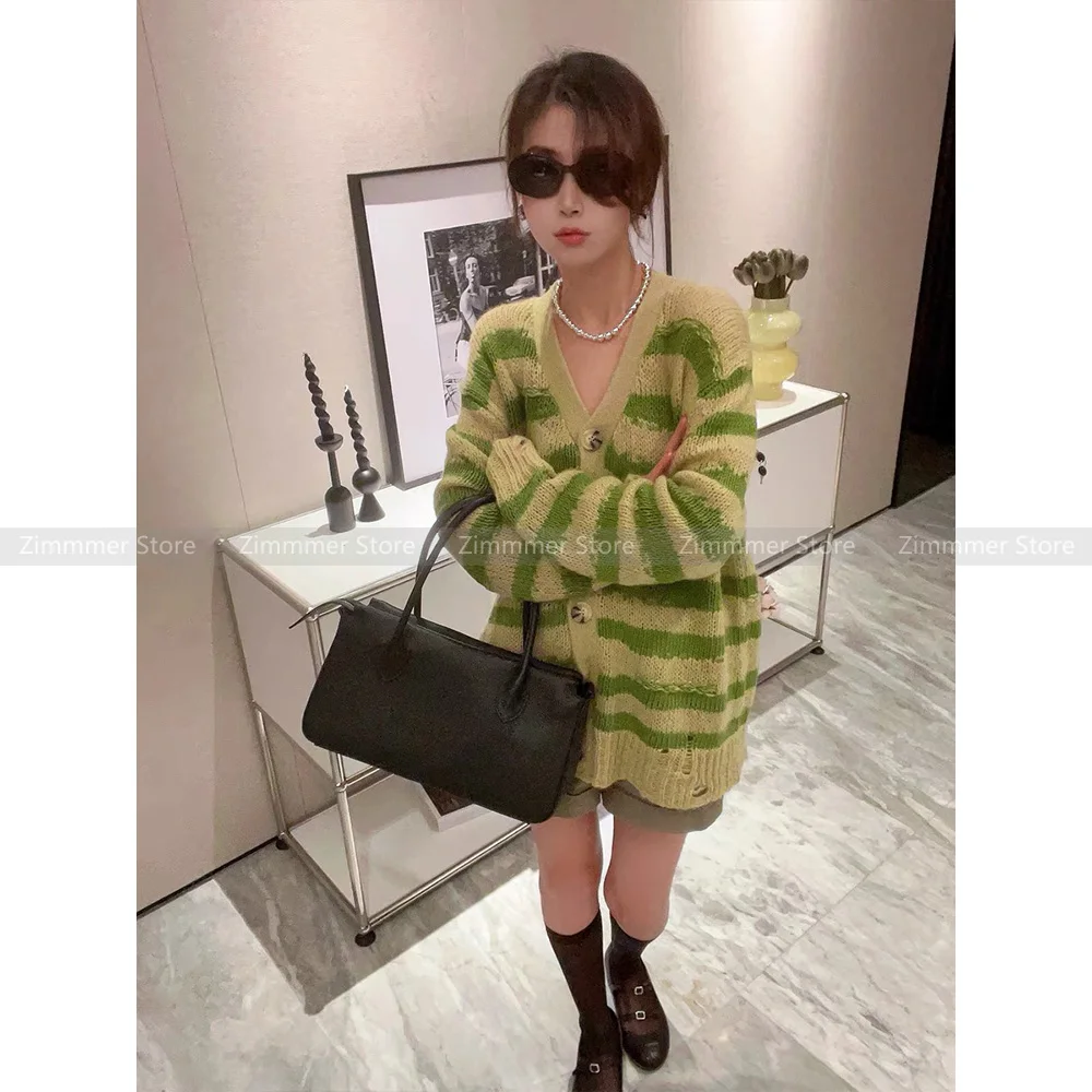 

Green striped V-neck wool knit cardigan jacket 23 years autumn and winter new loose lazy wind long-sleeved hole jumper