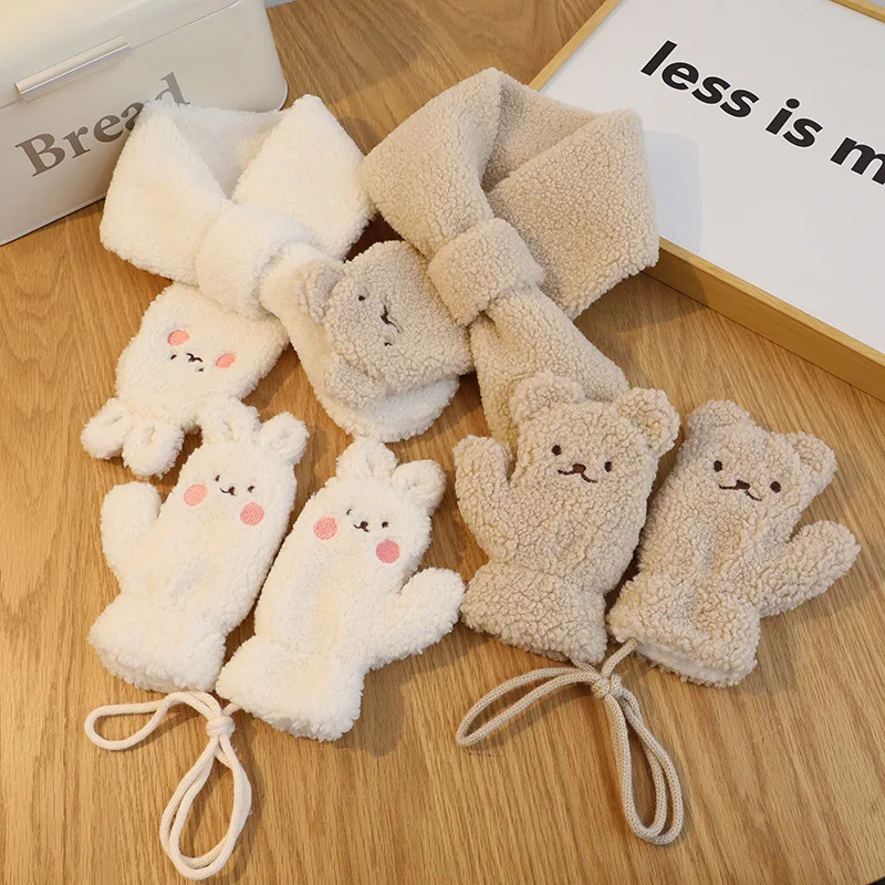2-6 Years Children Lamb Wool Neck Hanging Gloves Autumn Winter Thick Warm Cute Cartoon Boys Girls Baby Mittens Kids Accessories