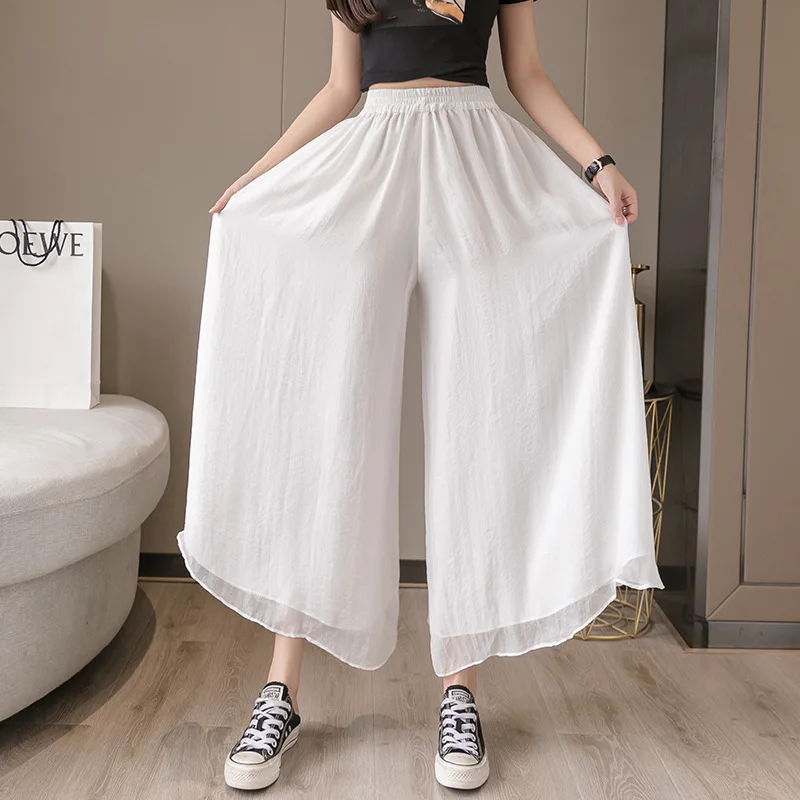 

Casual Solid Color Chiffon Wide-leg Pants 2023 Summer New Culottes Black Elastic High Waist drape Trousers Elegant Pants