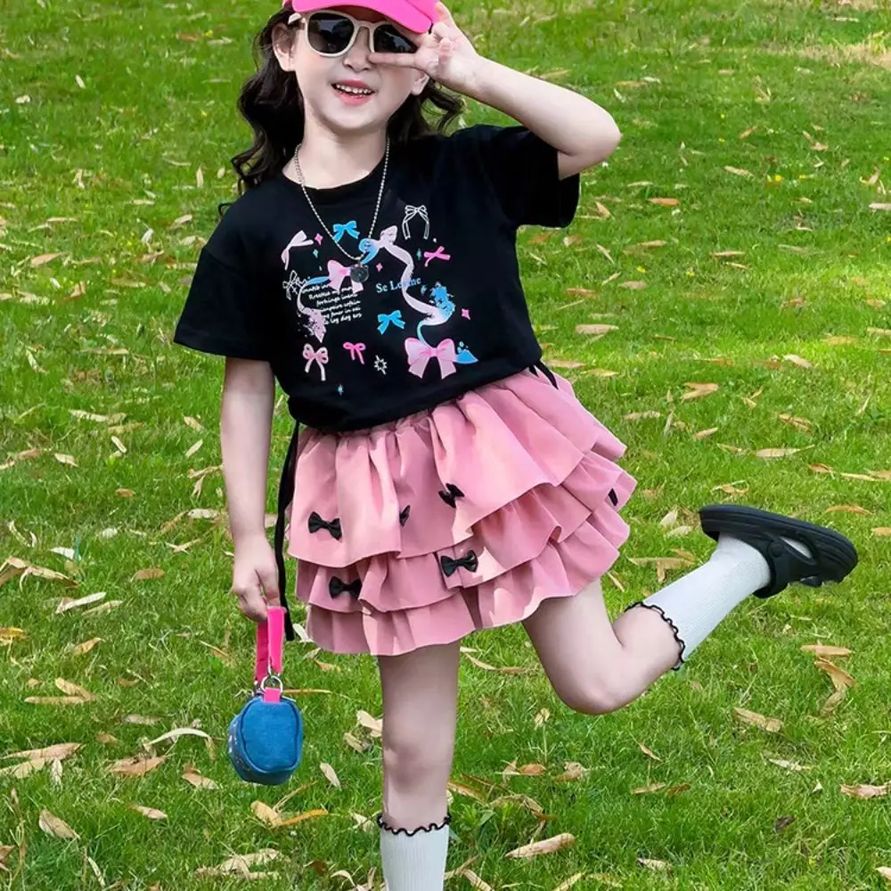 Outfits Y2K Bow Children Cake Skirt Set Pleated Slim Fit T-shirt Skirt Suit Teenagers Sweet Girls Clothes Set Summer