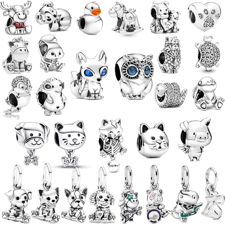 New 925 Sterling Silver Pet Cat Dog Fox Owl Turtle Animal Series Elephant Charm Bead Fit Original Pandora Bracelet DIYJewelry