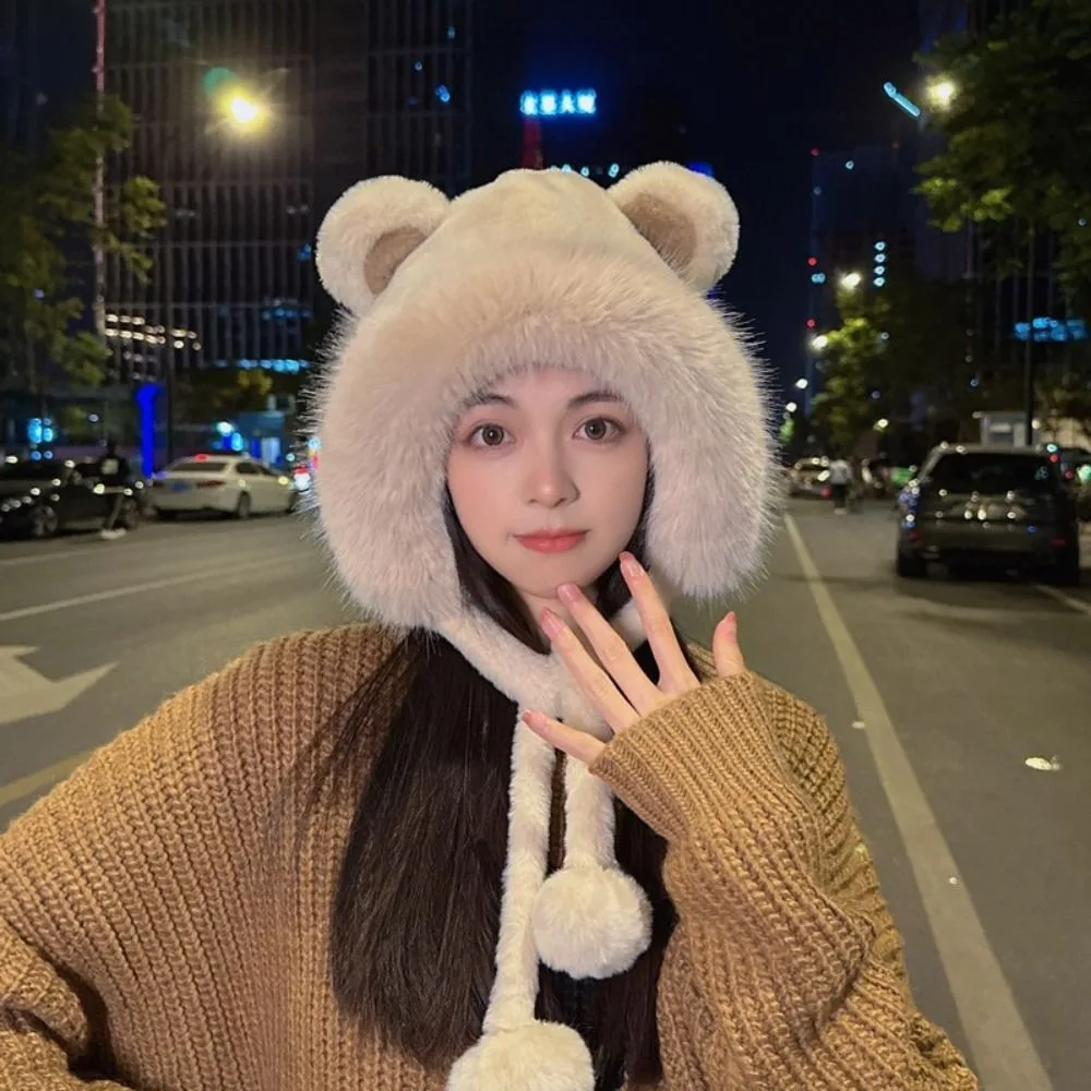 Cute Warm Winter Hat Lacing Woolen Bear Ears Hat Velvet Ear Protection Bucket Hat Women