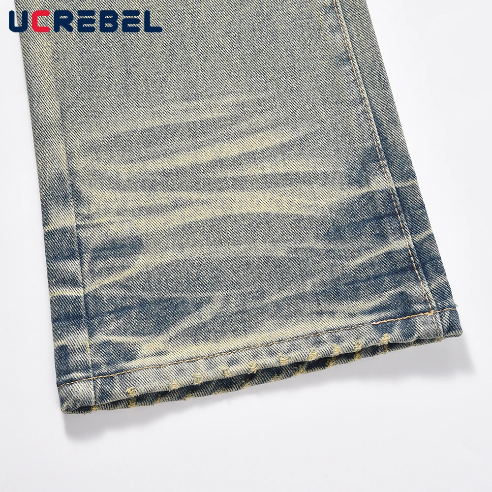 Washed Mud Yellow Denim Pants Mens High Street Scratch Loose Flared Pants Men Distressed Jeans