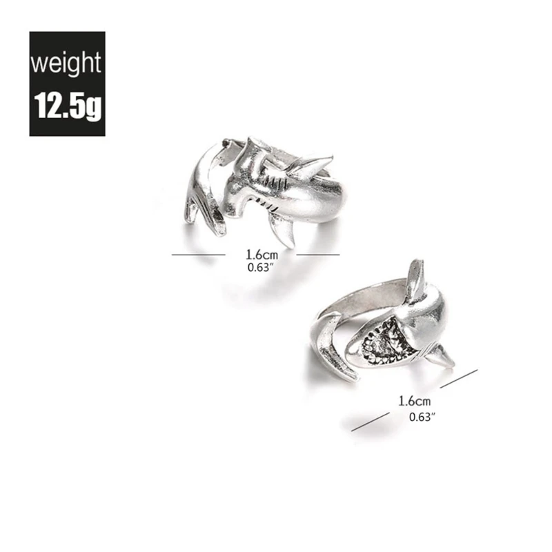 2x Punk Style Shark Rings White Shark & Hammerhead Shark Rings Adjustable Opening Metal Ring Jewelry Decor for Women Men 6