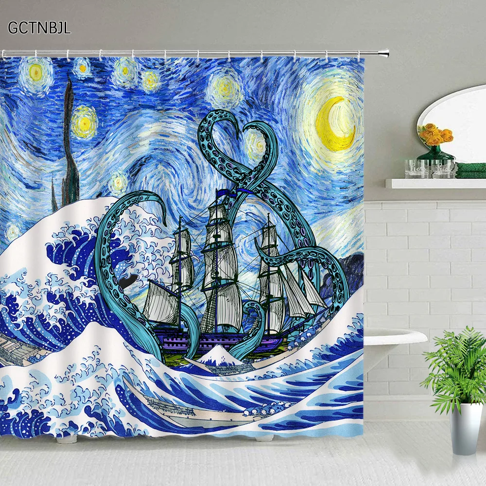 Cartoon Ocean Animal Shower Curtains Octopus Whale Sea Turtle Creativity Design Bathroom Bath Curtain Bathtub Decor Cloth Sets