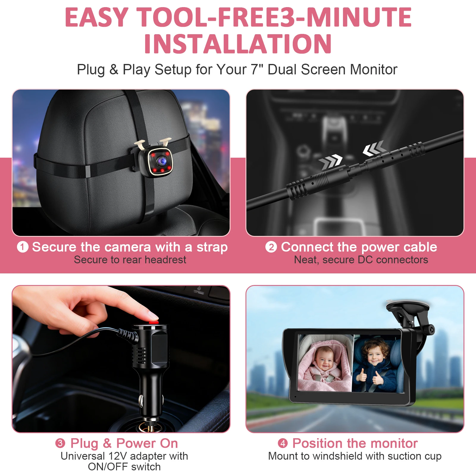 Telecamera per Auto con Doppio Canale e Display HD da 7 Pollici, Visione Notturna IR, Monitoraggio in Tempo Reale, Monitor per Bambini e Animali Domestici da Sedile Posteriore - immagine 5