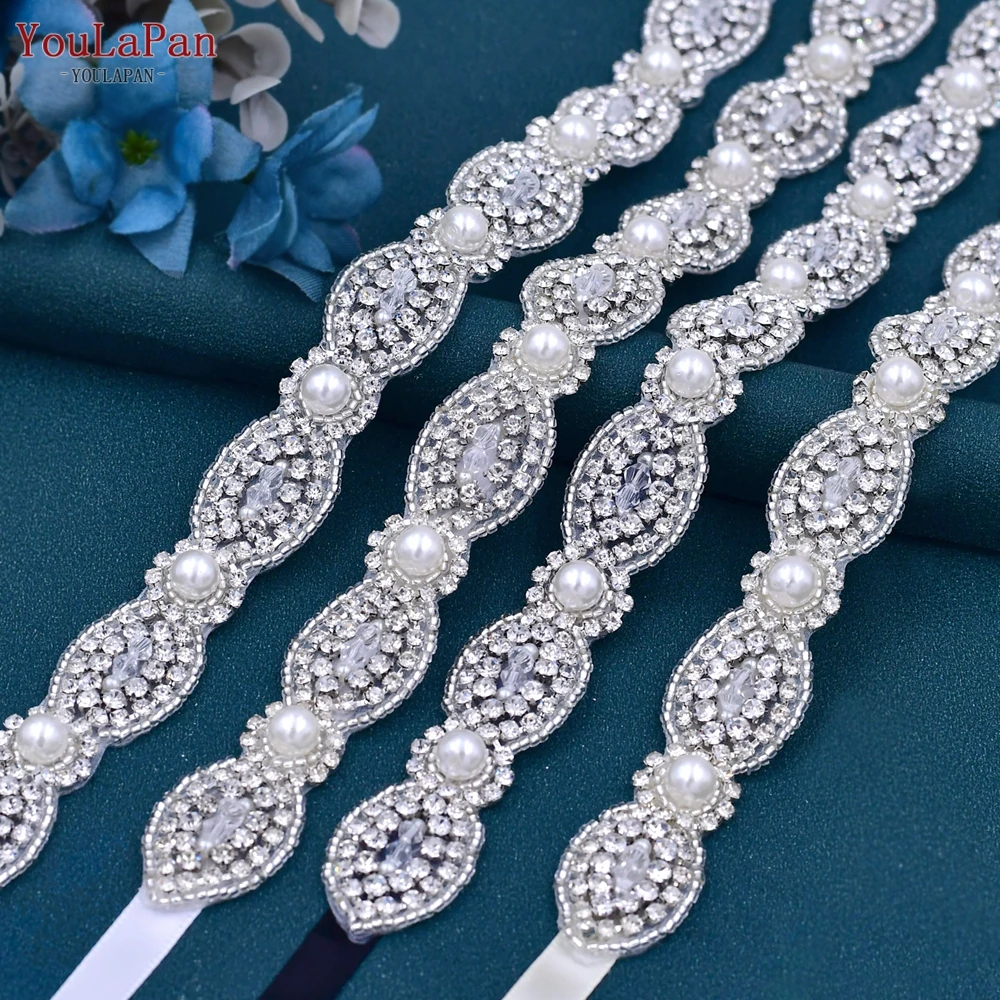 

YouLaPan S435 Rhinestone Bridal Sash Pearl Decoration for Wedding Dress Waistband Silver Beaded Applique Ribbon Woman Gown Belt