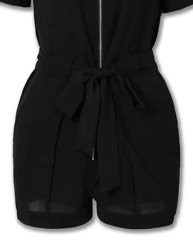 Women's Playsuit 2024 Summer Fashion Zipper Design Turn-Down Collar Short Sleeve Tie Details High Waist Pocket Romper Street