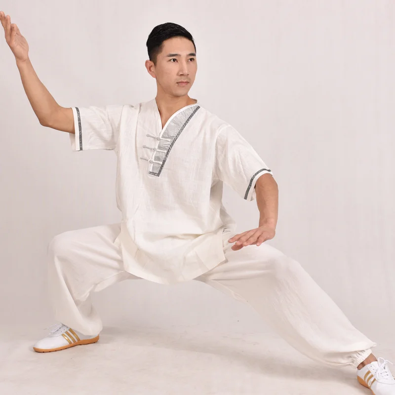 Uomo Primavera Estate Donna Wushu Abbigliamento Taichi Uniforme Kongfu Vestito Camicia A Maniche Corte Pantaloni Lunghi Cotone Lino Maschile Femminile