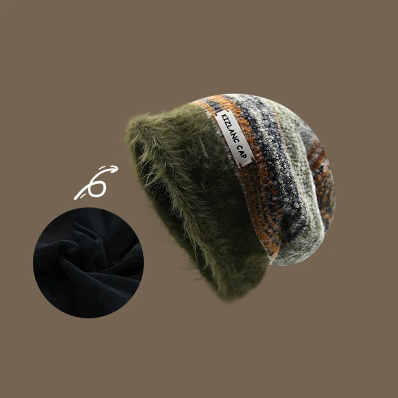 New Meilade Winter Fleece-Lined Knitted Slouchy Hat For Women Slim Face Cold-Resistant Warm Retro Woolen Hat For Men
