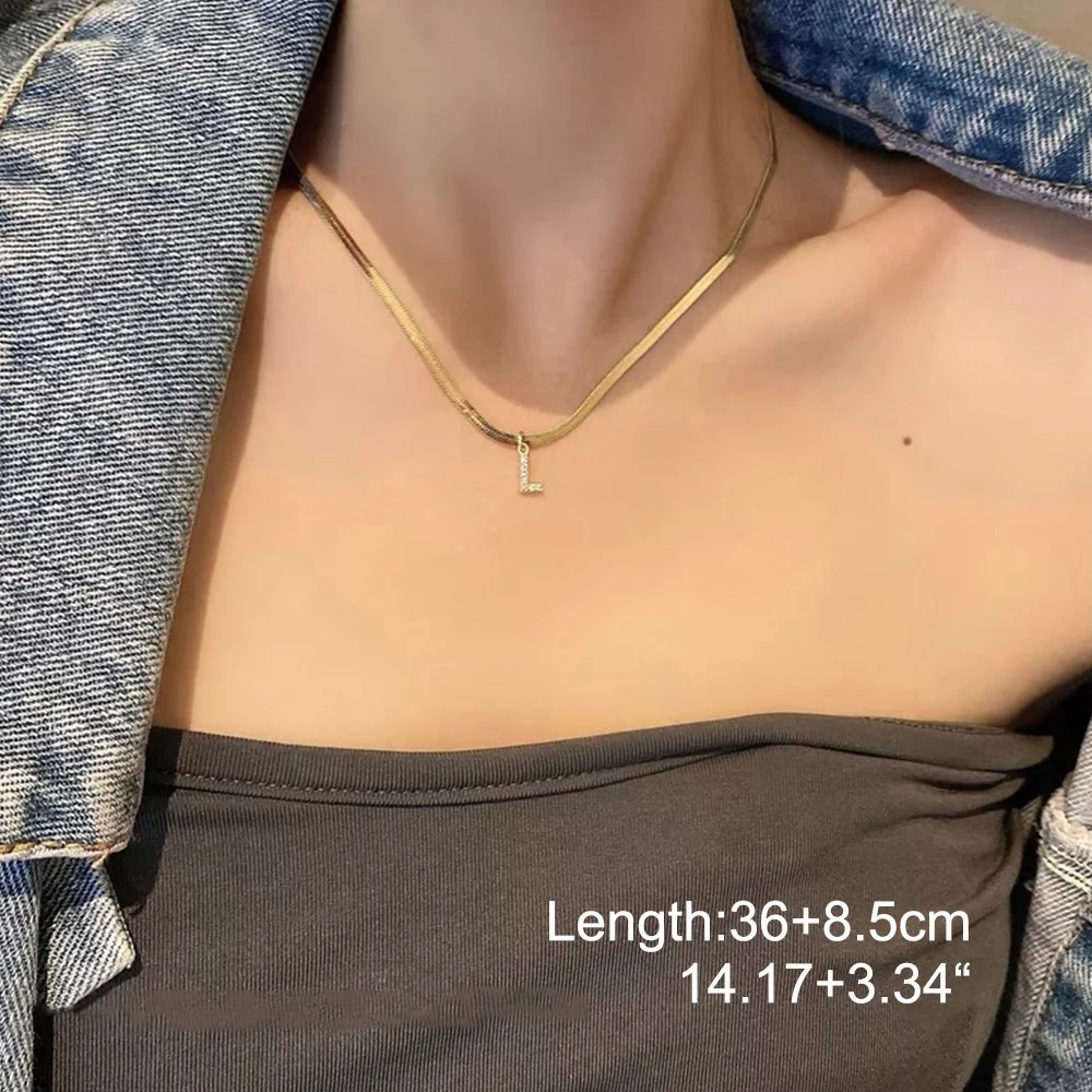 Initial Necklaces for Women,Slim Shiny A-Z Letter Pendant,Girls Layered Snake Herringbone Chain Chic Stainless Steel Neck Collar 