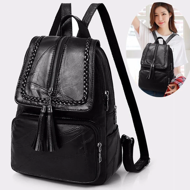 

Women Genuine Leather Backpack School Bag Classic Black Waterproof Travel Shoulder Bag Multi-function Backpack Women