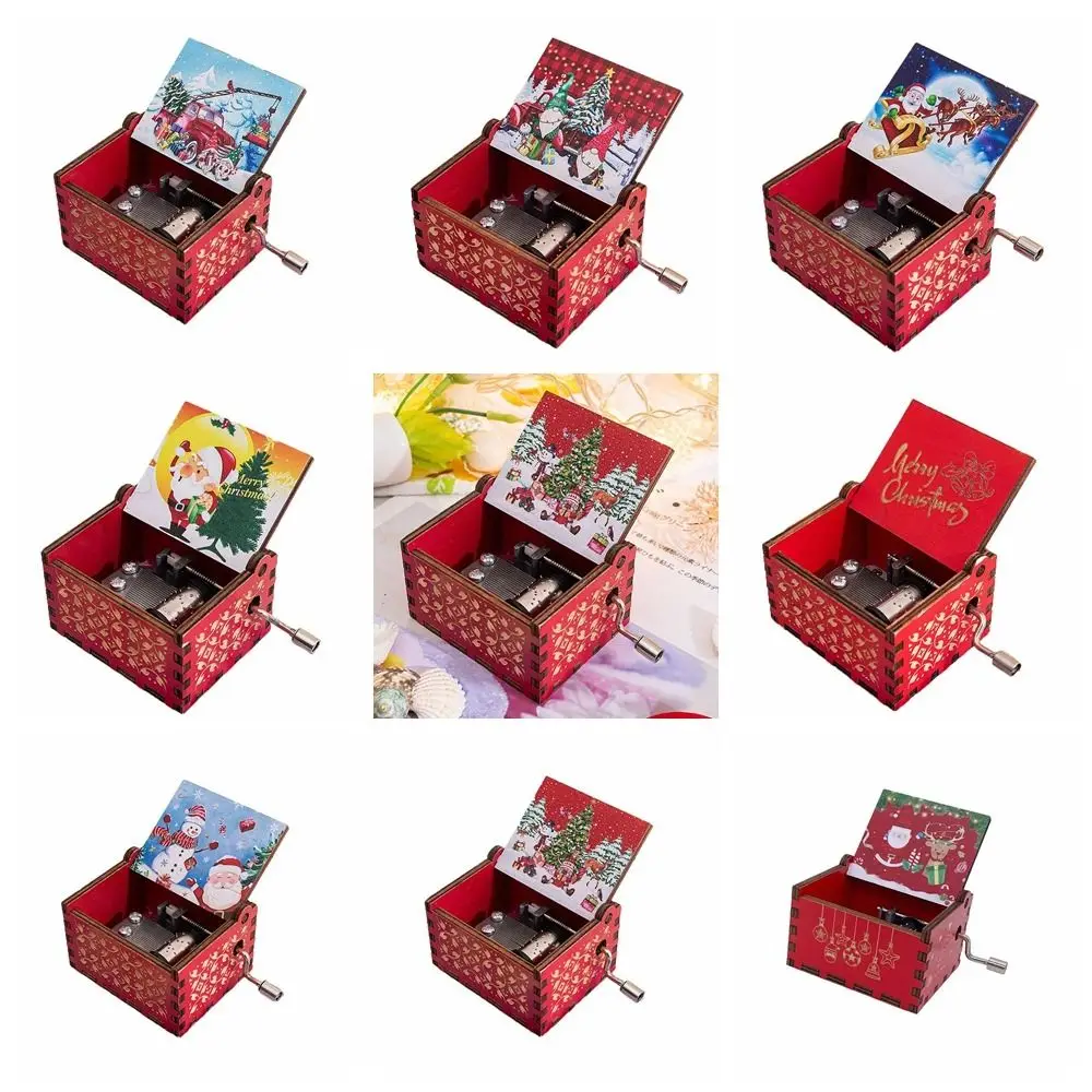 Red Merry Christmas Theme Music Box Carving Wooden Hand Crank Music Box Santa Claus New Year Christmas Gift for Children Friend 5