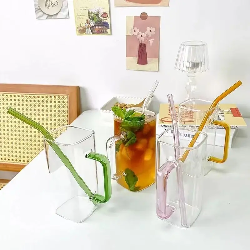 400ml square glass cup with bamboo