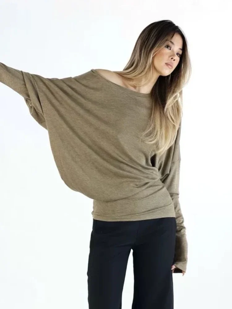 Oversized Grunge Solid Casual T-Shirt Pleated Vintage Simple Off Shoulder Tees All Match Streetwear Tshirts Korean Y2k Aesthetic 1
