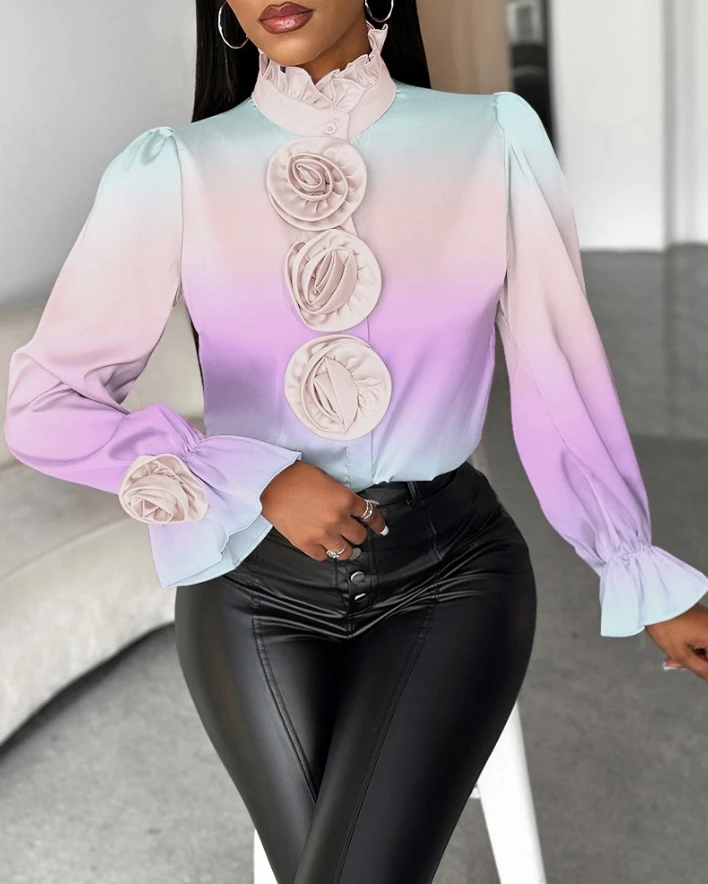 

Fashion Woman Blouse 2024 Spring Ombre Rose Detail Frill Hem Stand Collar Bell Sleeve Casual Long Sleeve Daily Shirt Top