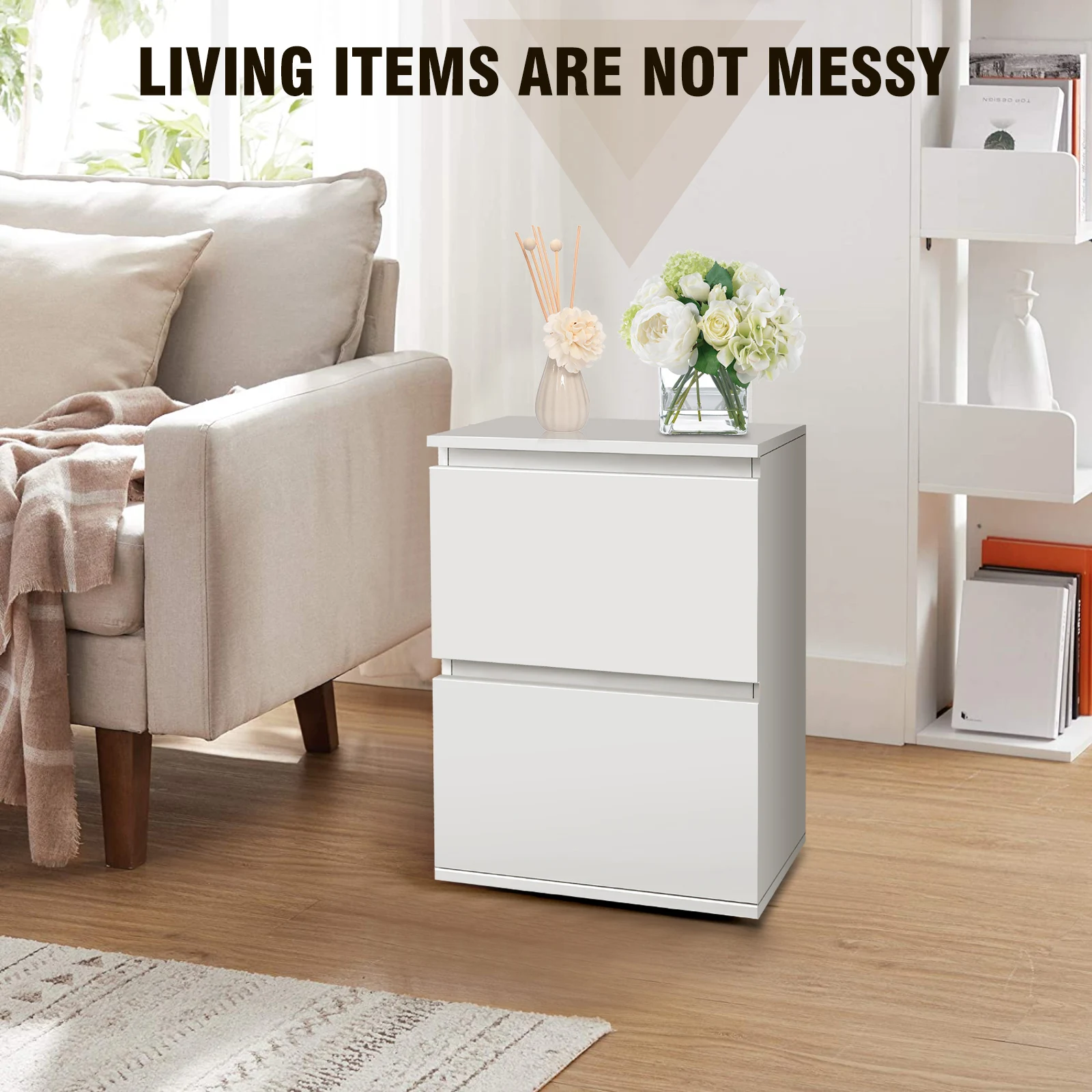 EFAN Bedside Tables White Wooden Nightstand Small Side Table End Table for Bed Sofa Corner Small Space with 2 Drawer MDF Cabinet