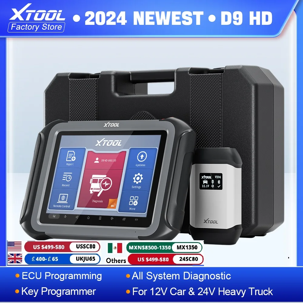 XTOOL D9 HD OBD2 Scanner 12V Car & 24V Heavy Duty Truck All Systems Diagnostic Tools ECU Programming Auto Key 45+ Reset