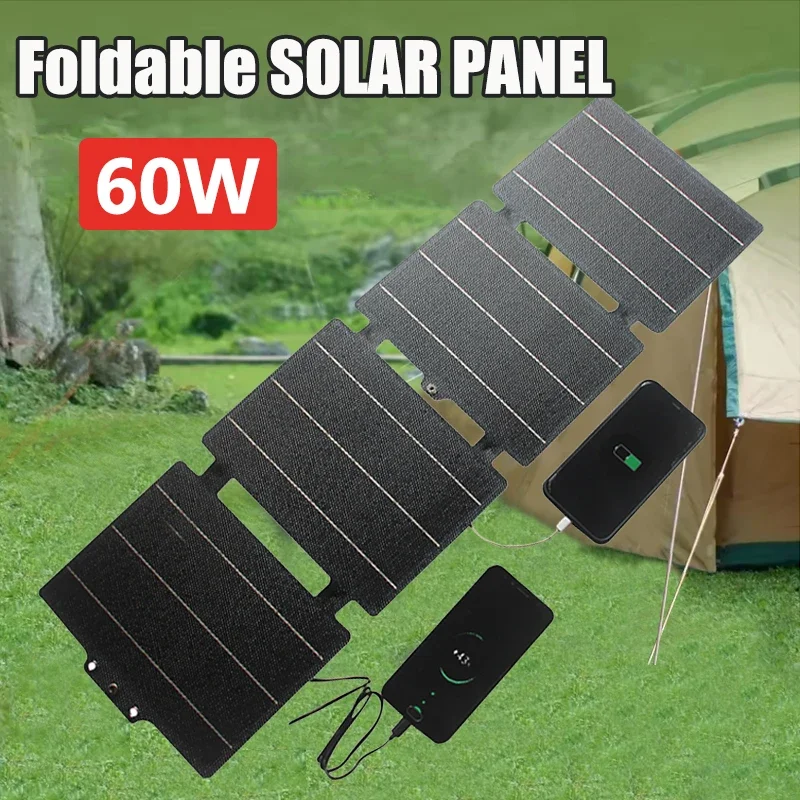 60W แผงพลังงานแสงอาทิตย์แบบพกพาพับเซลล์ Type-C USB 12V DC Solar Charger กลางแจ้งแหล่งจ่ายไฟสําหรับ Camping โทรศัพท์มือถือ 1