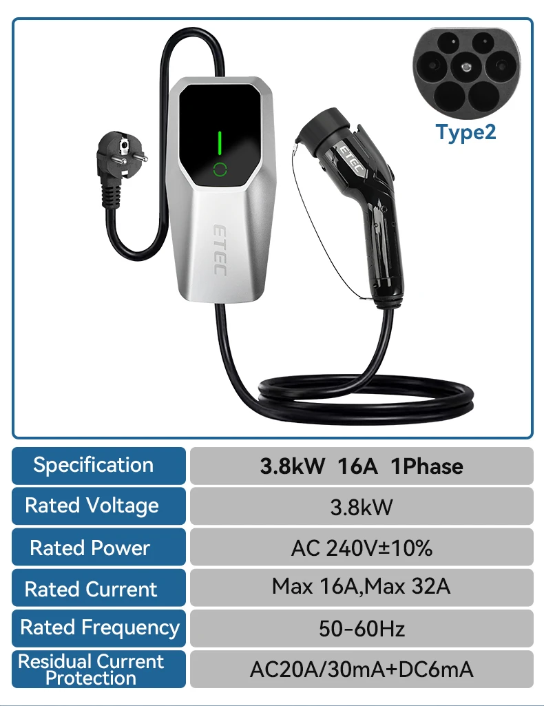 Protable Charger 1PH 16A 3.7KW With Type 2 Plug & 4 Meters Charging Cable+power