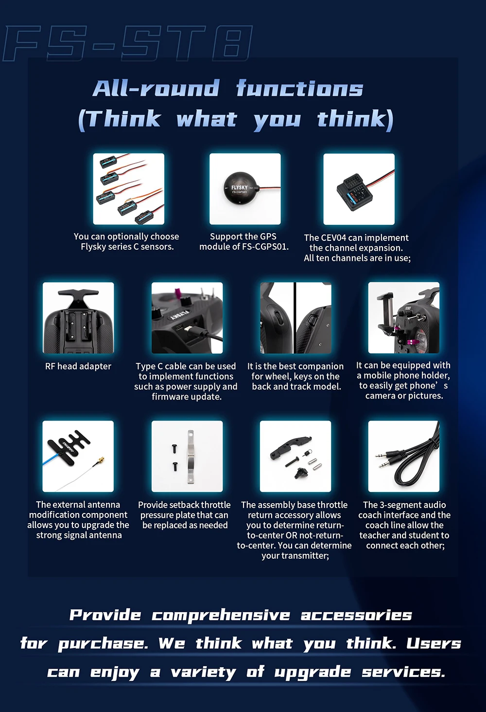 FlySky FS-ST8 2.4GHz 10CH Radio Transmitter ANT RGB Assistant 3.0 with SR8 Receiver for RC Drone Airplane Car Boat 15 CEVO4 can implement Flysky series € sensors: module of FS-CGPSO