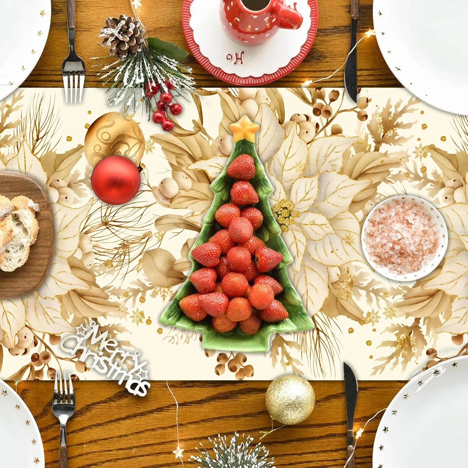 Weihnachtlicher Tischläufer aus Polyester/Leinen in Gold – ideal für Weihnachtsfeiern, Partys, Schneemann-, Elch- und Blumendekoration, winterliche Tischdekoration, Geschenkidee_voghion.com