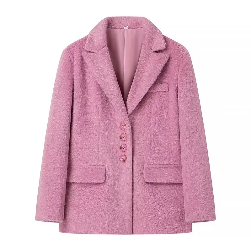 Streetwear Long Hairy Shaggy Blazer Boyfriend Vintage Women Front Pockets Loose Oversized Suit Fashion Coat Pink 4 colors