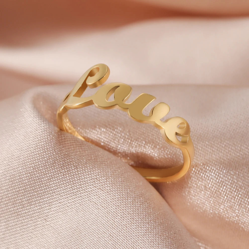 Einfacher romantischer Liebesring für Frauen, geometrischer, hohler Alphabet-Fingerring, Hochzeitspaar, Edelstahl-Schmuck, Geschenk – Detail 4