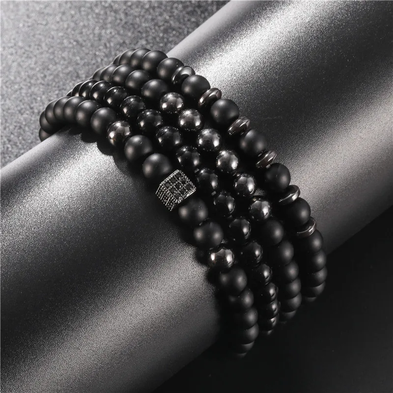 Black Onyx Stone Beaded Men Bracelet Set with Hematite and Zirconia