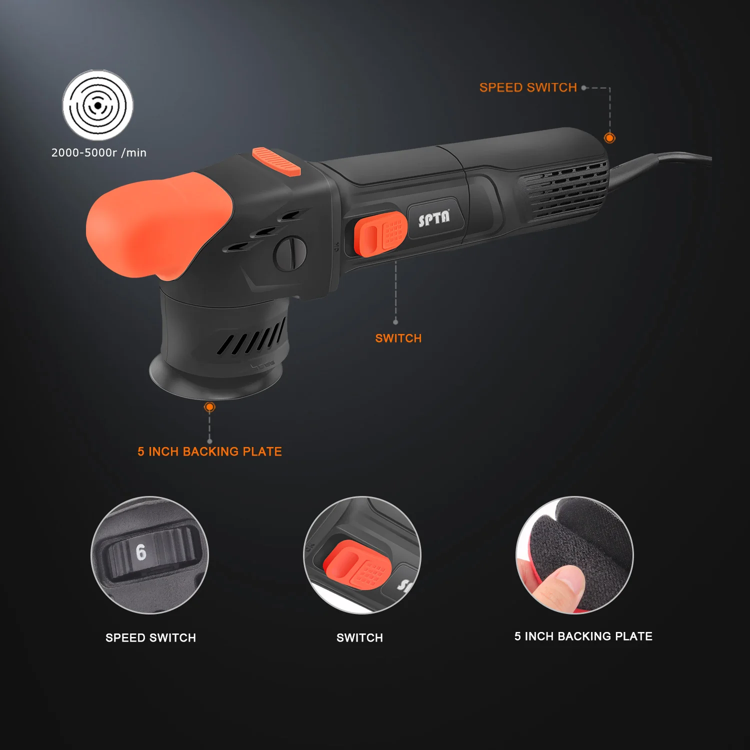 SPTA New Model CP301 3" 80mm Electric Mini Car Polisher 710W 8mm 9mm 12mm Orbit Dual Action Polishing Waxing Machine