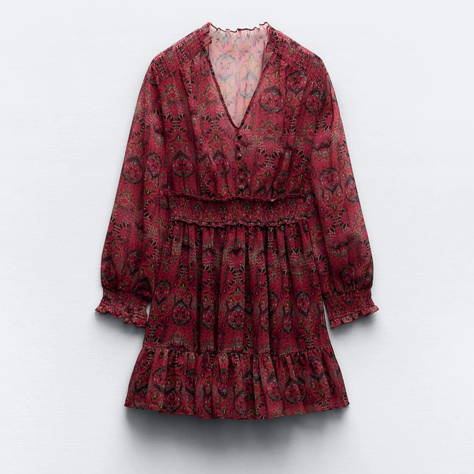 

Женское короткое платье с оборками на воротнике, винтажное платье с длинным рукавом и V-образным вырезом, модное платье из тюля с разрезом, весна-лето 2024