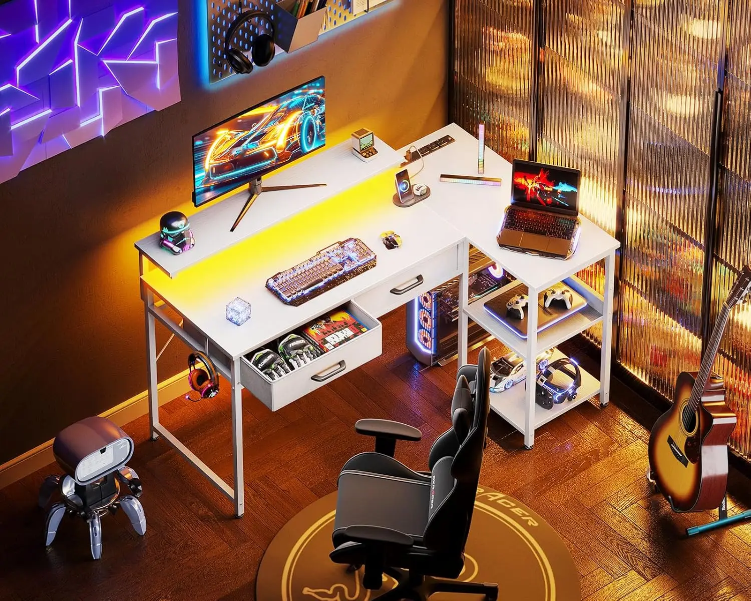 40 Inch L Shaped Gaming Desk with 2 Drawers Storage Shelves Computer Desk with USB Ports Study Writing Table for Bedroom Simple 2