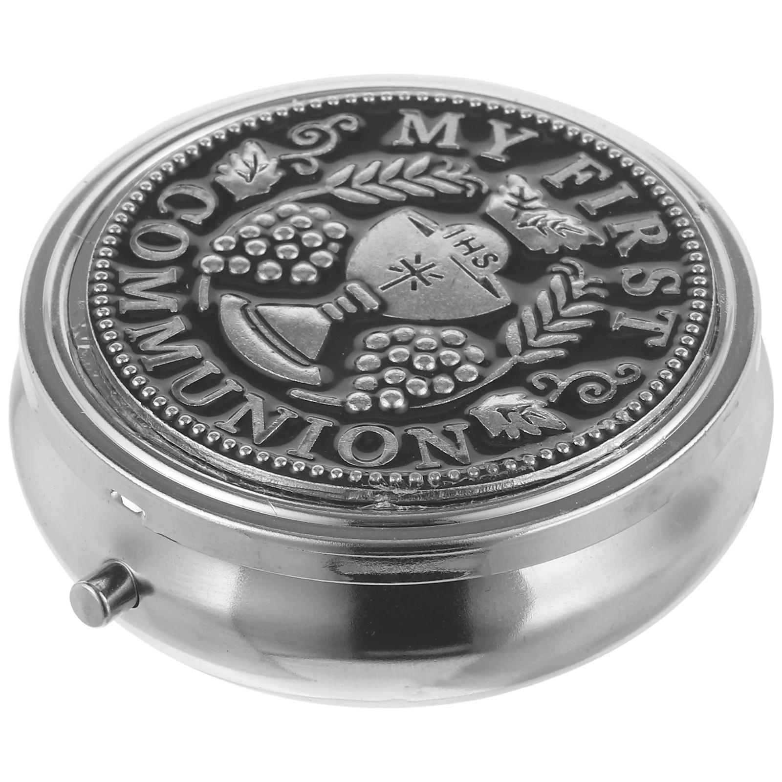 

English title: Rosary Keepsake Box My First Communion Trinket Case Metal Eucharistic Box Round Jewelry Box Rings