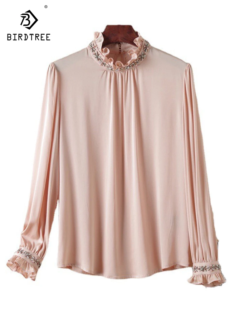 

Birdtree 90.5%Mulberry Silk 9.5%Spandex Shirt Women's 2023 Autumn Elegant Ruffle Edge Long Sleeve Beaded Satin Blouse T38040QC